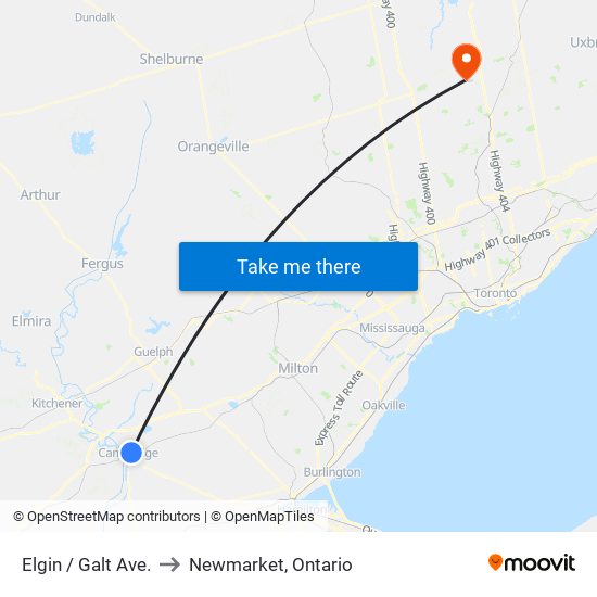 Elgin / Galt Ave. to Newmarket, Ontario map