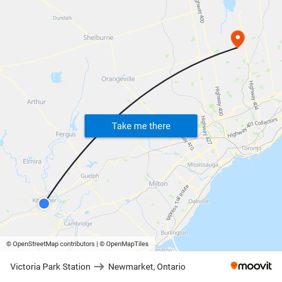 Victoria Park Station to Newmarket, Ontario map