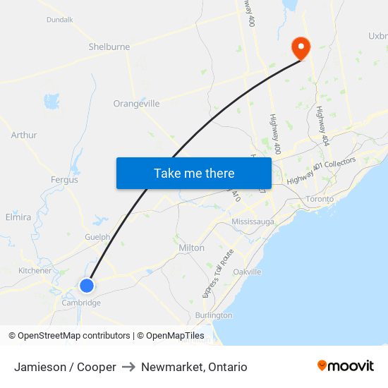 Jamieson / Cooper to Newmarket, Ontario map