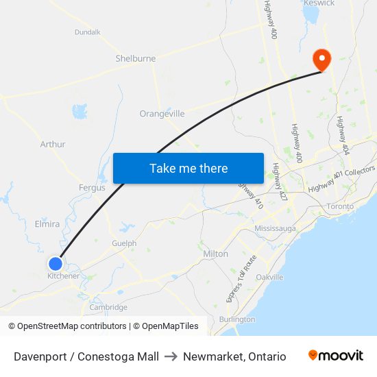 Davenport / Conestoga Mall to Newmarket, Ontario map