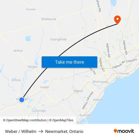 Weber / Wilhelm to Newmarket, Ontario map