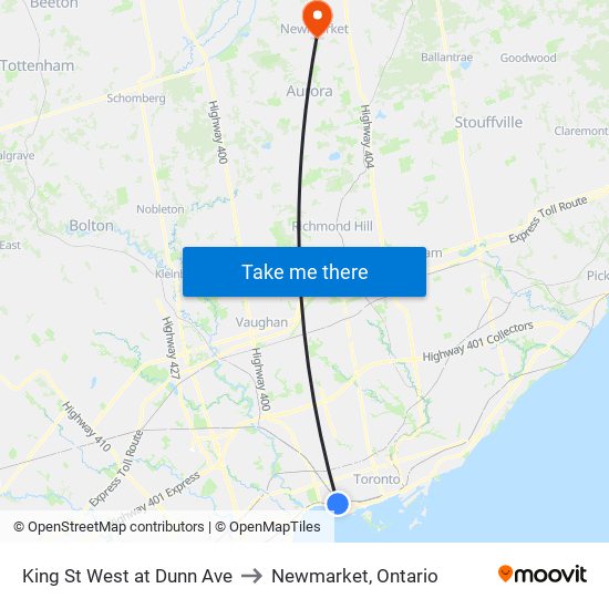 King St West at Dunn Ave to Newmarket, Ontario map