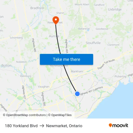 180 Yorkland Blvd to Newmarket, Ontario map