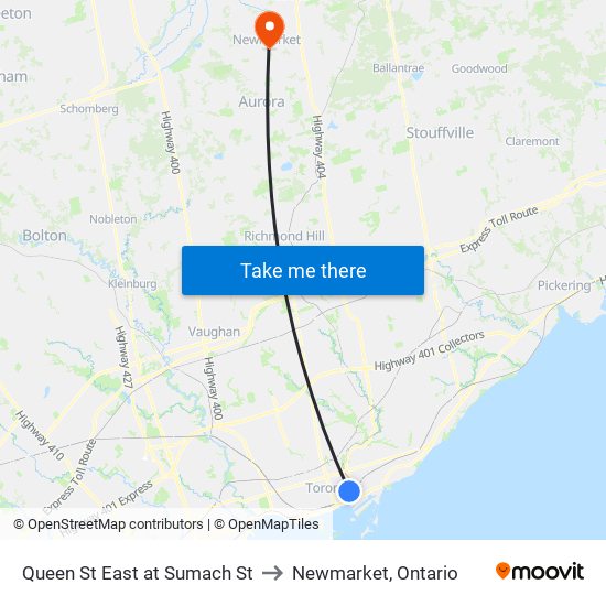 Queen St East at Sumach St to Newmarket, Ontario map