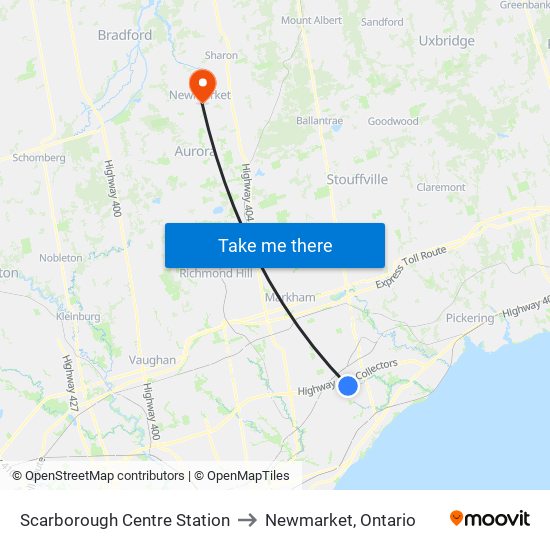 Scarborough Centre Station to Newmarket, Ontario map