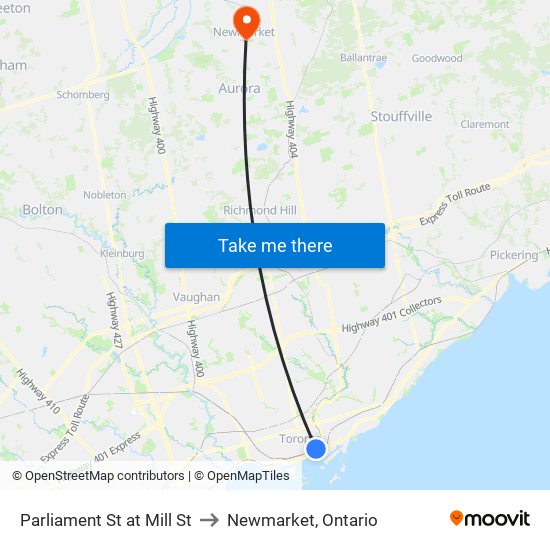 Parliament St at Mill St to Newmarket, Ontario map