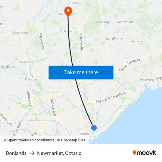 Donlands to Newmarket, Ontario map