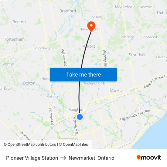 Pioneer Village Station to Newmarket, Ontario map