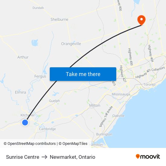 Sunrise Centre to Newmarket, Ontario map