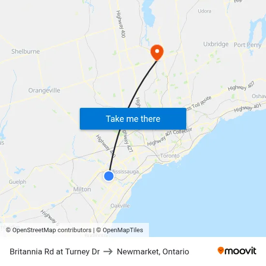 Britannia Rd at Turney Dr to Newmarket, Ontario map