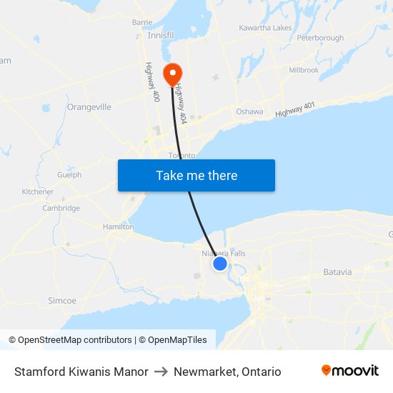 Stamford Kiwanis Manor to Newmarket, Ontario map