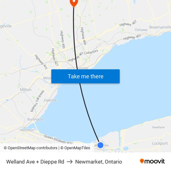 Welland Ave + Dieppe Rd to Newmarket, Ontario map