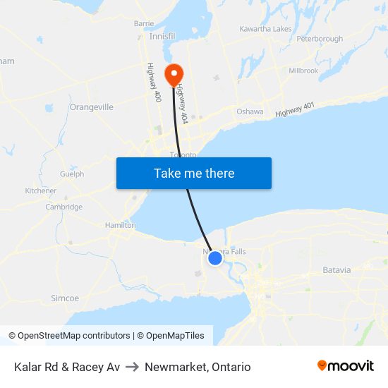 Kalar Rd & Racey Av to Newmarket, Ontario map