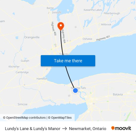 Lundy's Lane & Lundy's Manor to Newmarket, Ontario map