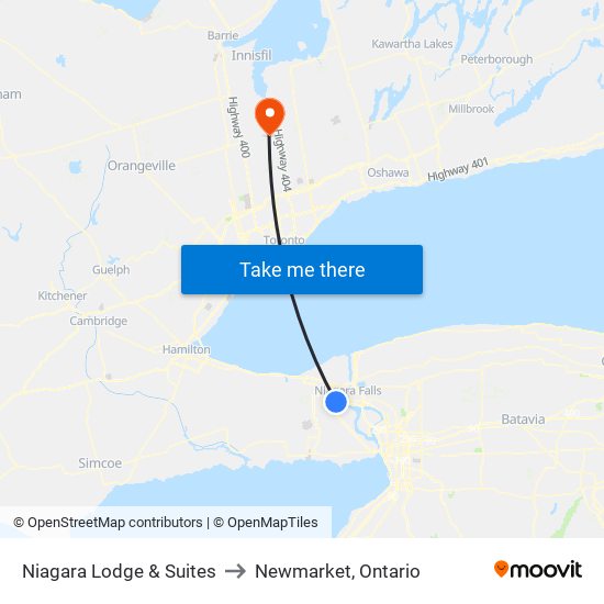 Niagara Lodge & Suites to Newmarket, Ontario map