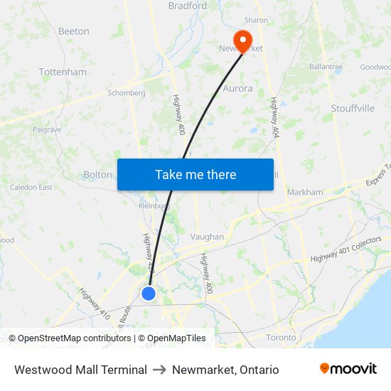 Westwood Mall Terminal to Newmarket, Ontario map