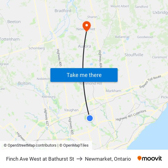 Finch Ave West at Bathurst St to Newmarket, Ontario map