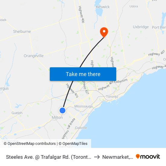 Steeles Ave. @ Trafalgar Rd. (Toronto Premium Outlets) to Newmarket, Ontario map