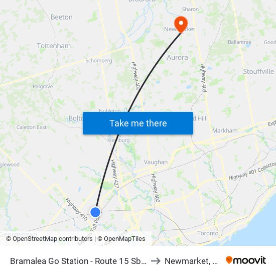 Bramalea Go Station - Route 15 Sb/115 Sb Stop to Newmarket, Ontario map