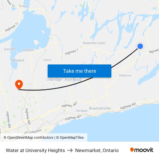 Water at University Heights to Newmarket, Ontario map