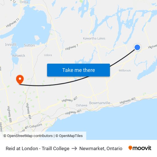 Reid at London - Traill College to Newmarket, Ontario map