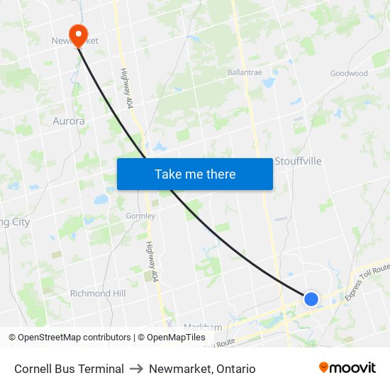 Cornell Bus Terminal to Newmarket, Ontario map