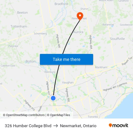 326 Humber College Blvd to Newmarket, Ontario map