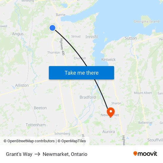 Grant's Way to Newmarket, Ontario map