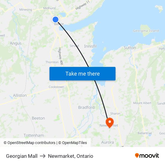 Georgian Mall to Newmarket, Ontario map