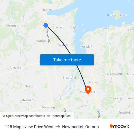 125 Mapleview Drive West to Newmarket, Ontario map