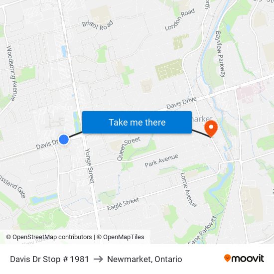 Davis Dr Stop # 1981 to Newmarket, Ontario map