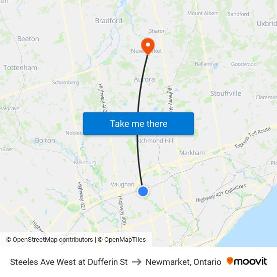 Steeles Ave West at Dufferin St to Newmarket, Ontario map