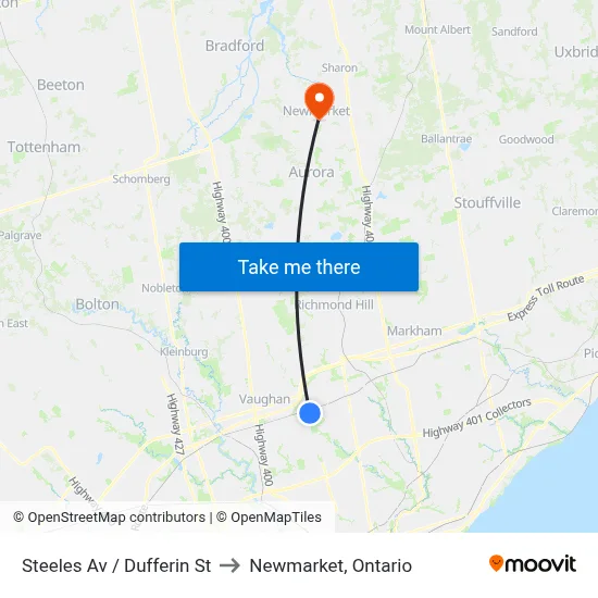 Steeles Av / Dufferin St to Newmarket, Ontario map