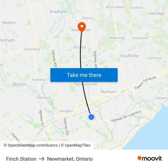 Finch Station to Newmarket, Ontario map