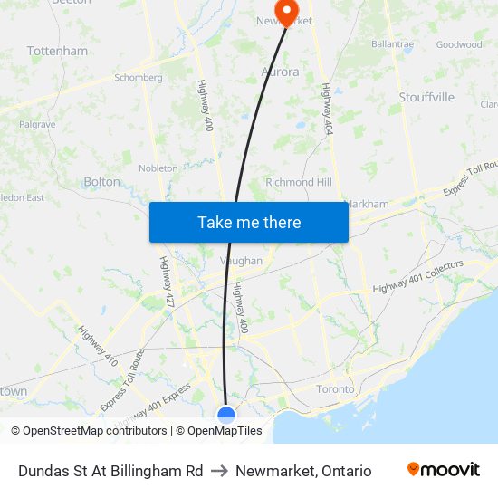 Dundas St At Billingham Rd to Newmarket, Ontario map