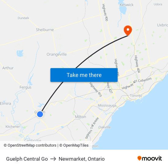 Guelph Central Go to Newmarket, Ontario map