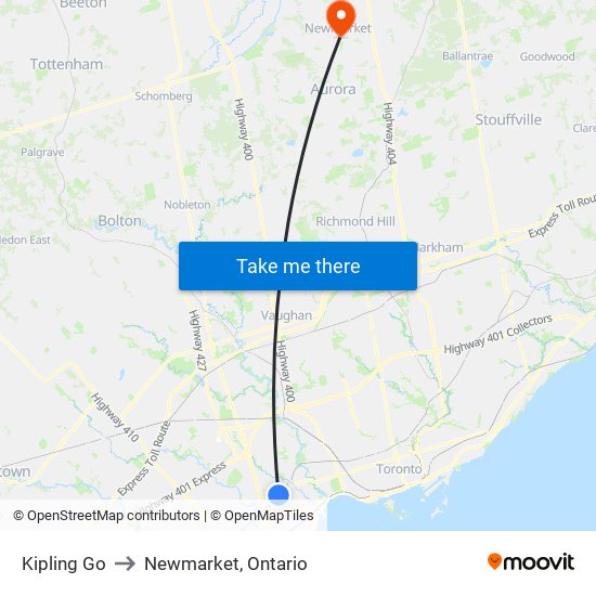 Kipling Go to Newmarket, Ontario map