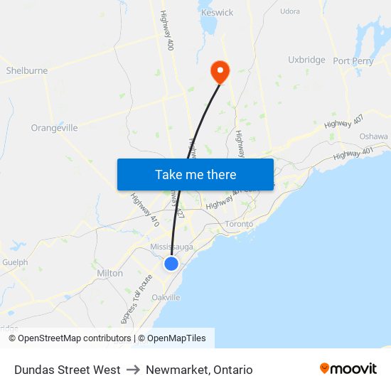 Dundas Street West to Newmarket, Ontario map