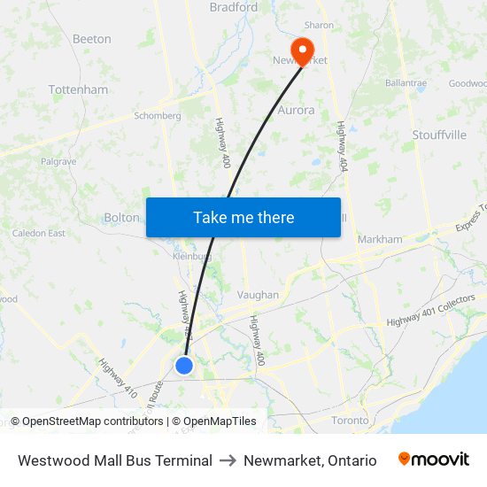 Westwood Mall Bus Terminal to Newmarket, Ontario map