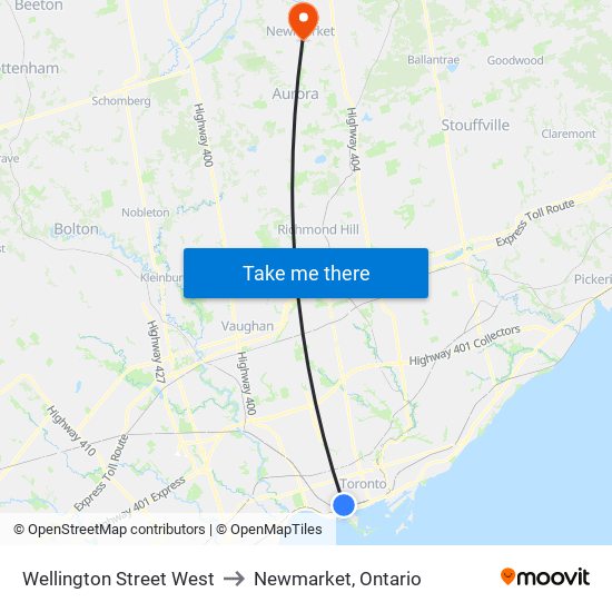 Wellington Street West to Newmarket, Ontario map