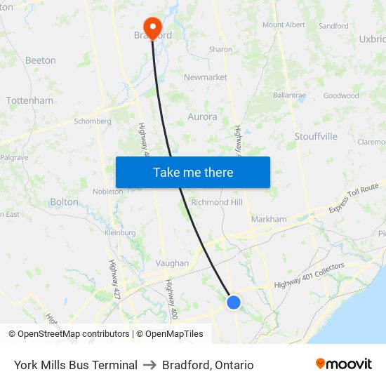 York Mills Bus Terminal to Bradford, Ontario map