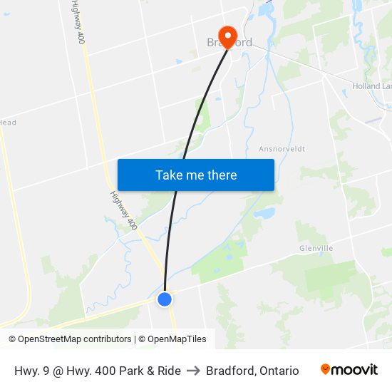 Hwy. 9 @ Hwy. 400 Park & Ride to Bradford, Ontario map