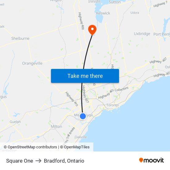 Square One to Bradford, Ontario map