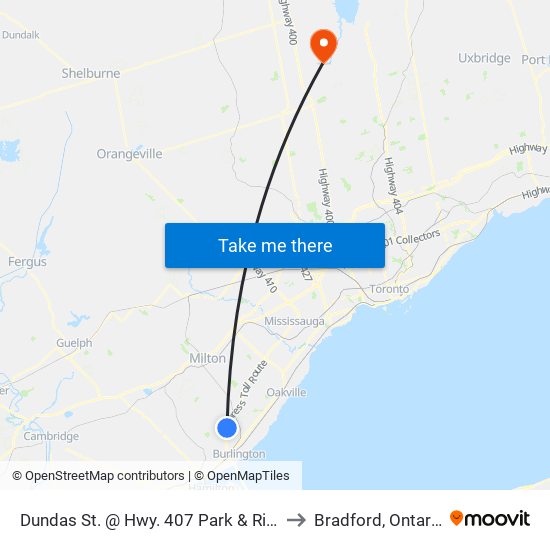 Dundas St. @ Hwy. 407 Park & Ride to Bradford, Ontario map