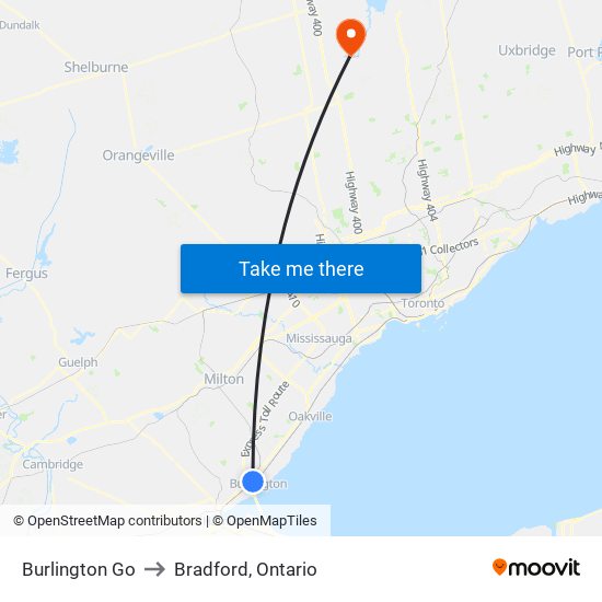 Burlington Go to Bradford, Ontario map