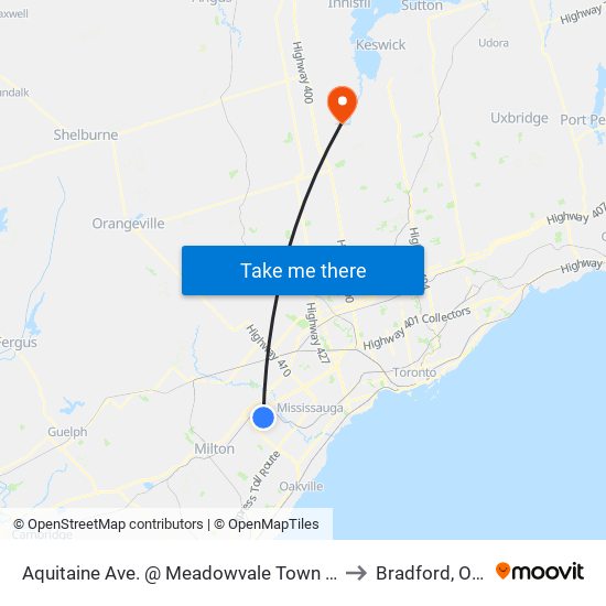 Aquitaine Ave. @ Meadowvale Town Centre Circle to Bradford, Ontario map