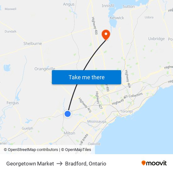 Georgetown Market to Bradford, Ontario map