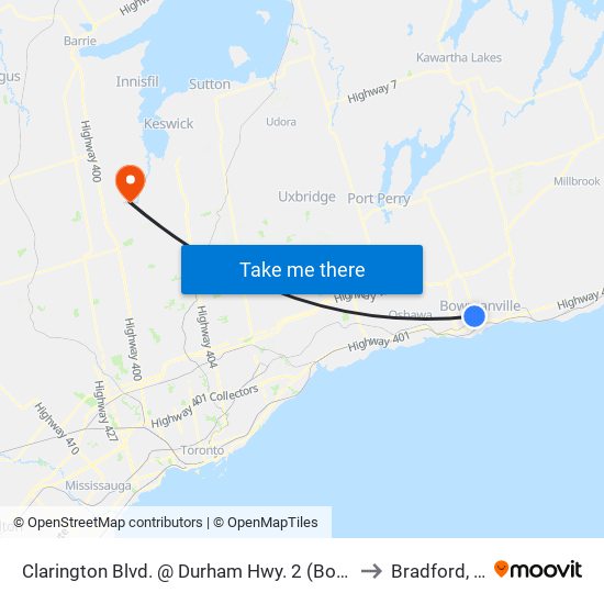 Clarington Blvd. @ Durham Hwy. 2 (Bowmanville) Park & Ride to Bradford, Ontario map