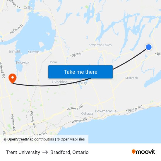 Trent University to Bradford, Ontario map