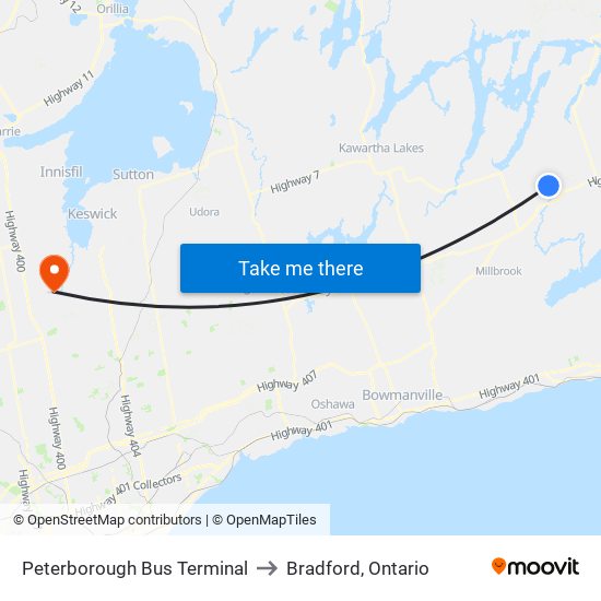 Peterborough Bus Terminal to Bradford, Ontario map